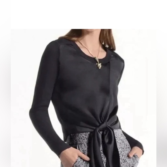 CAbi Sweaters - Cabi- Black Crosstie Pullover Mixed Media Tie Front Satin/Ribbed Sweater Sz Sm